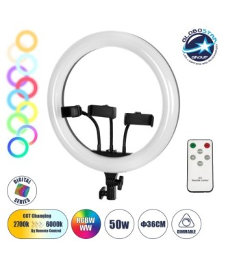 GloboStar® 75803 Professional Digital Ring Light Φ36cm LED SMD 50W 5000lm 180° DC 5V με Καλώδιο Τροφοδοσίας USB - Ενσωματωμένο και Ασύρματο Χειριστήριο RF 2.4Ghz Εναλλαγής Χρωμάτων & 3 Βάσεις Τηλεφώνου - Πολύχρωμο RGBW+WW Dimmable